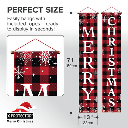 X-Protector Merry Christmas Buffalo Plaid Banner 71x13 Red