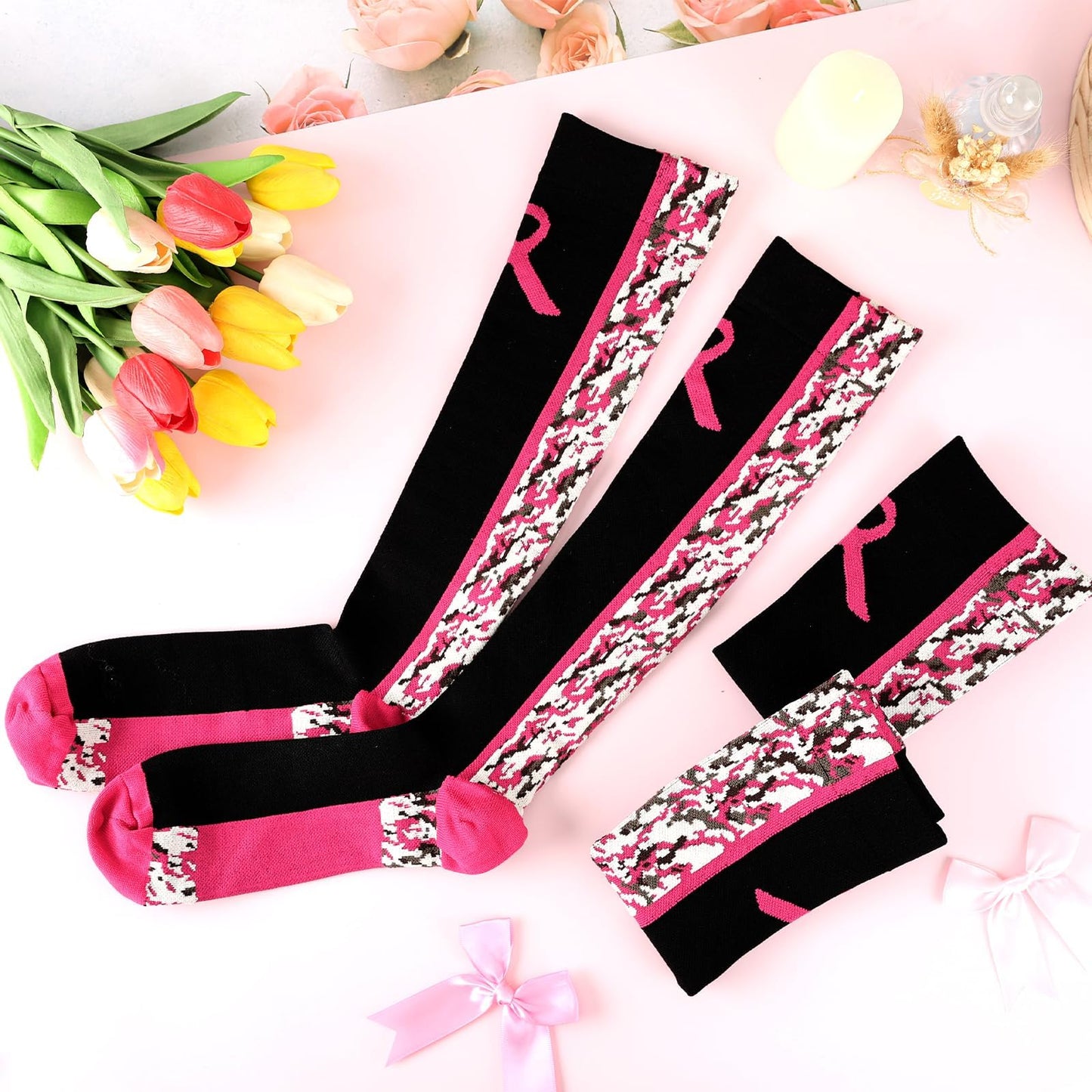 YLOLUL Breast Cancer Awareness Socks Black Camouflage Polyester Womens Size L