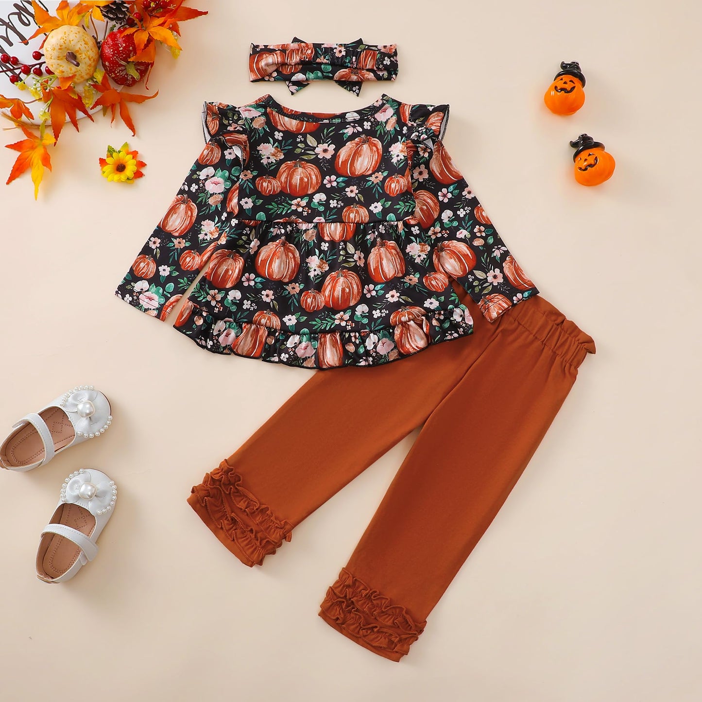 Kislio Toddler Girls Pumpkin Ghost Shirt Ruffle Pants Set 3PCS orange 12-18M