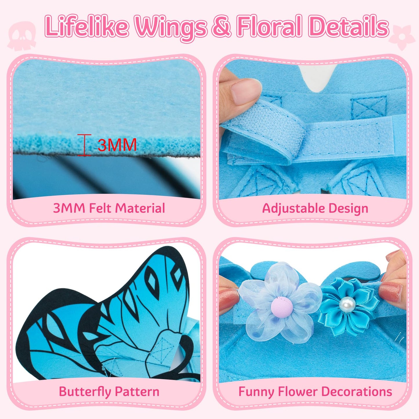 Coppthinktu Butterfly Wings Dog Cat Costume Blue Felt with 3 Flowers Size L