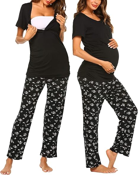 Ekouaer Maternity Nursing Pajama Set Breastfeeding Sleepwear Black Flower Size S