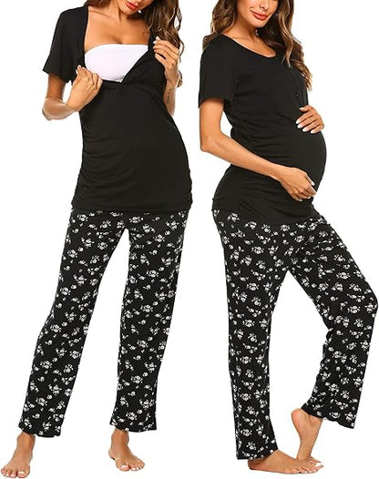 Ekouaer Maternity Nursing Pajama Set Breastfeeding Sleepwear Black Flower Size S