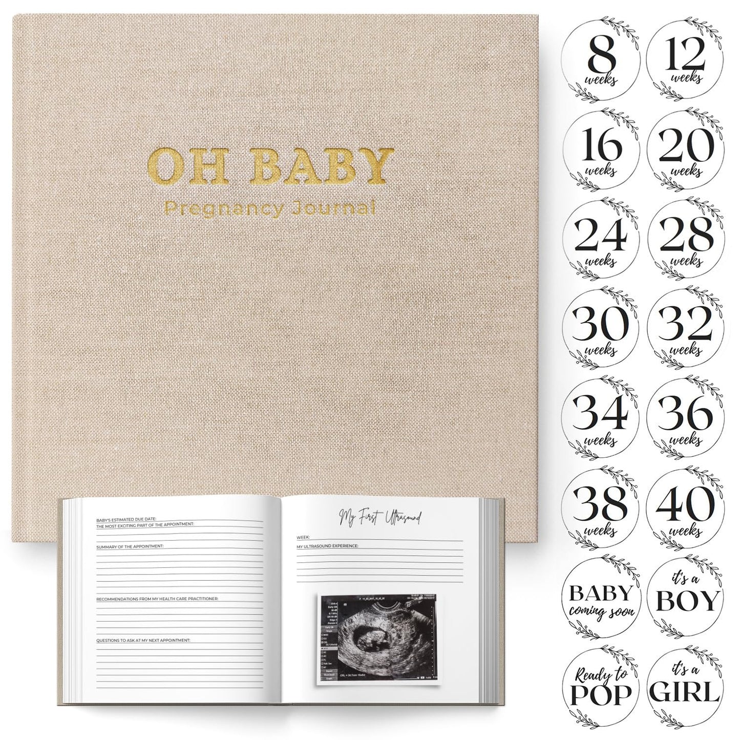 LUMOSX Pregnancy Journal Memory Book Baby Bump Stickers Beige Gender Neutral