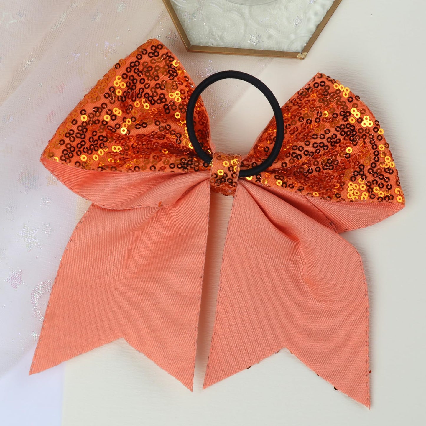 Xepeelo 2Pcs Orange Glitter Bow Elastic Hair Ties Bands Ponytail Holder 1 Count