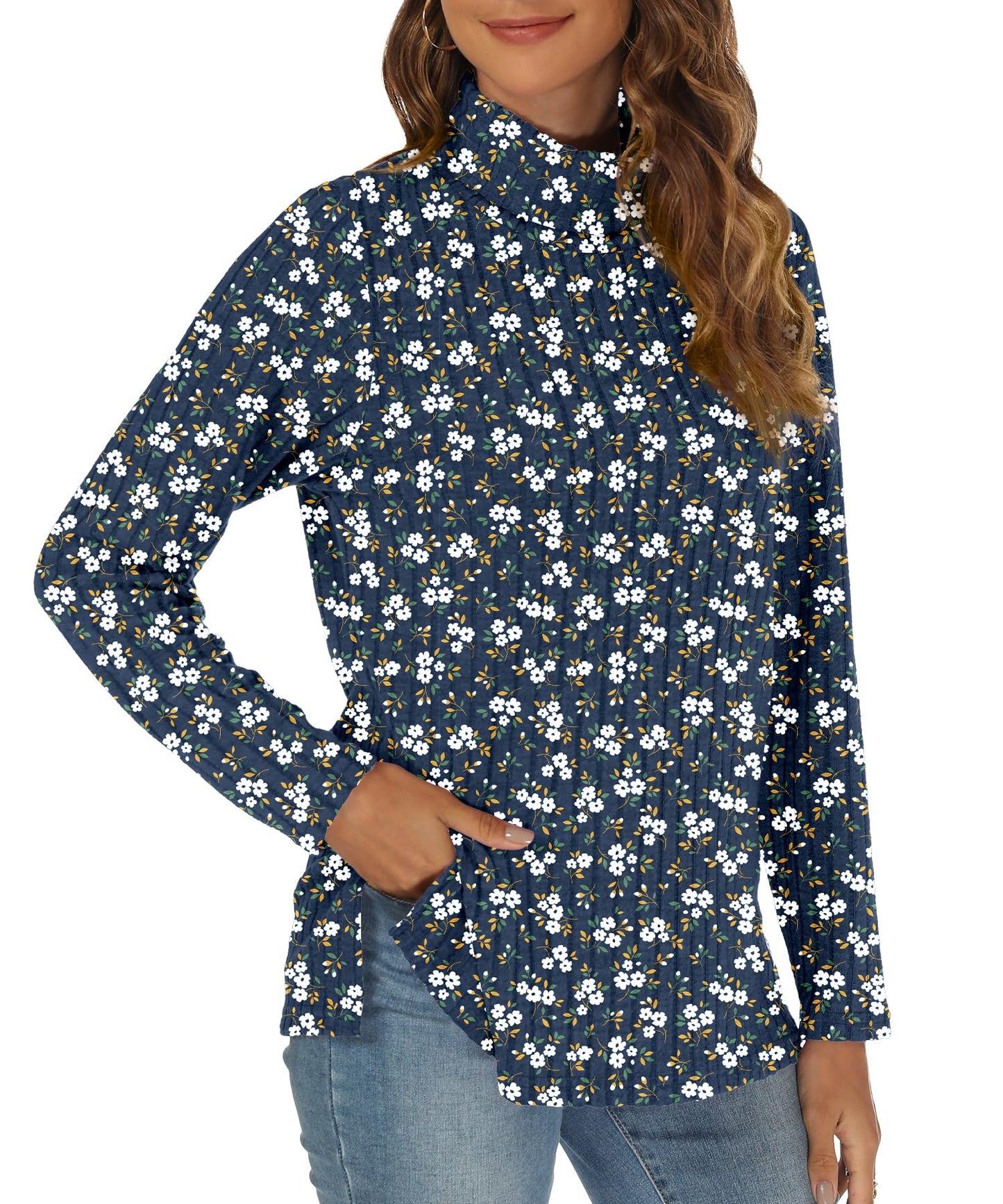 GOUCEHN Women Turtleneck Sweater Pullover Lightweight Blue-White Flo Size XL