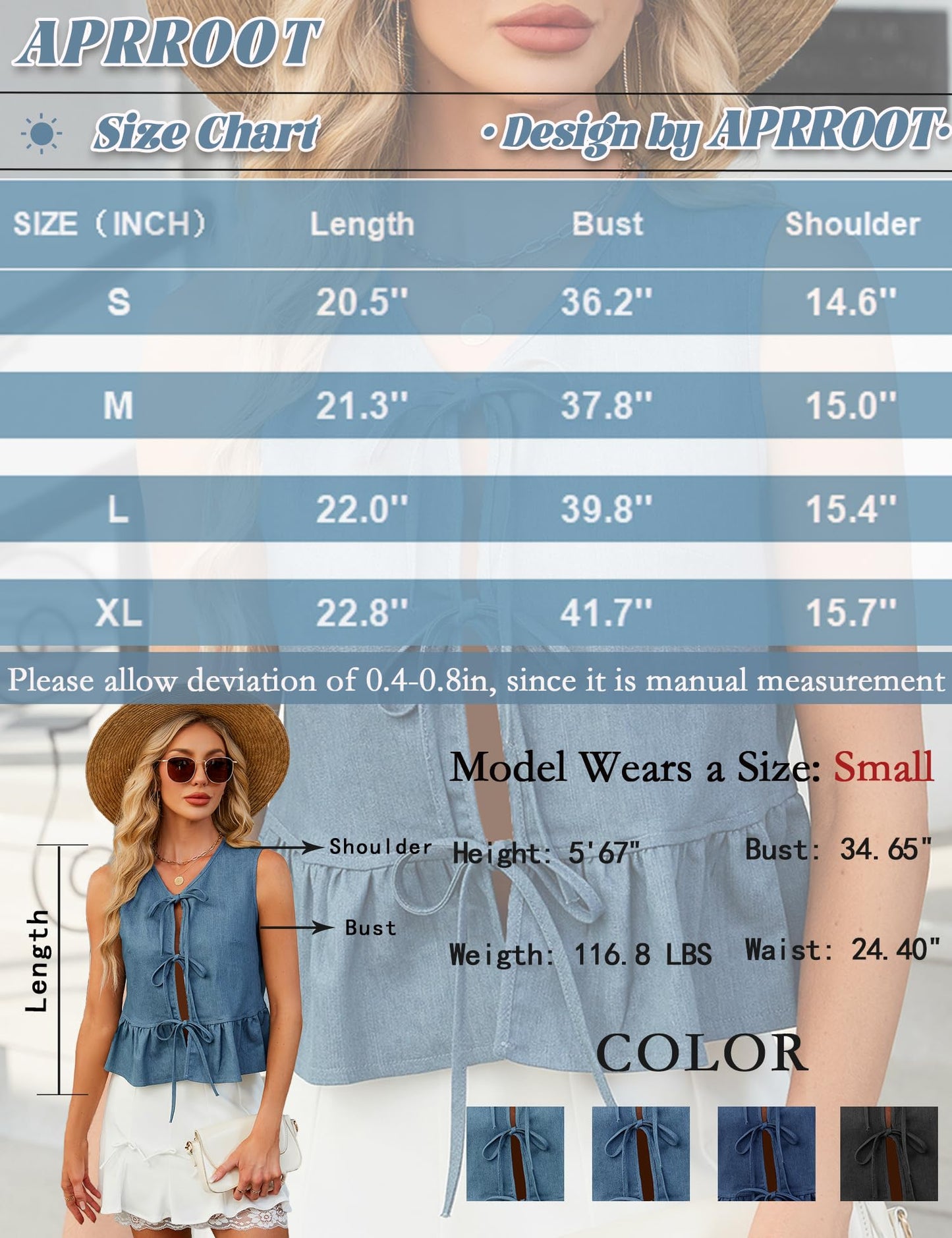 APRROOT Denim Vest Women Sleeveless V Neck Tie Front Dark Blue Size S