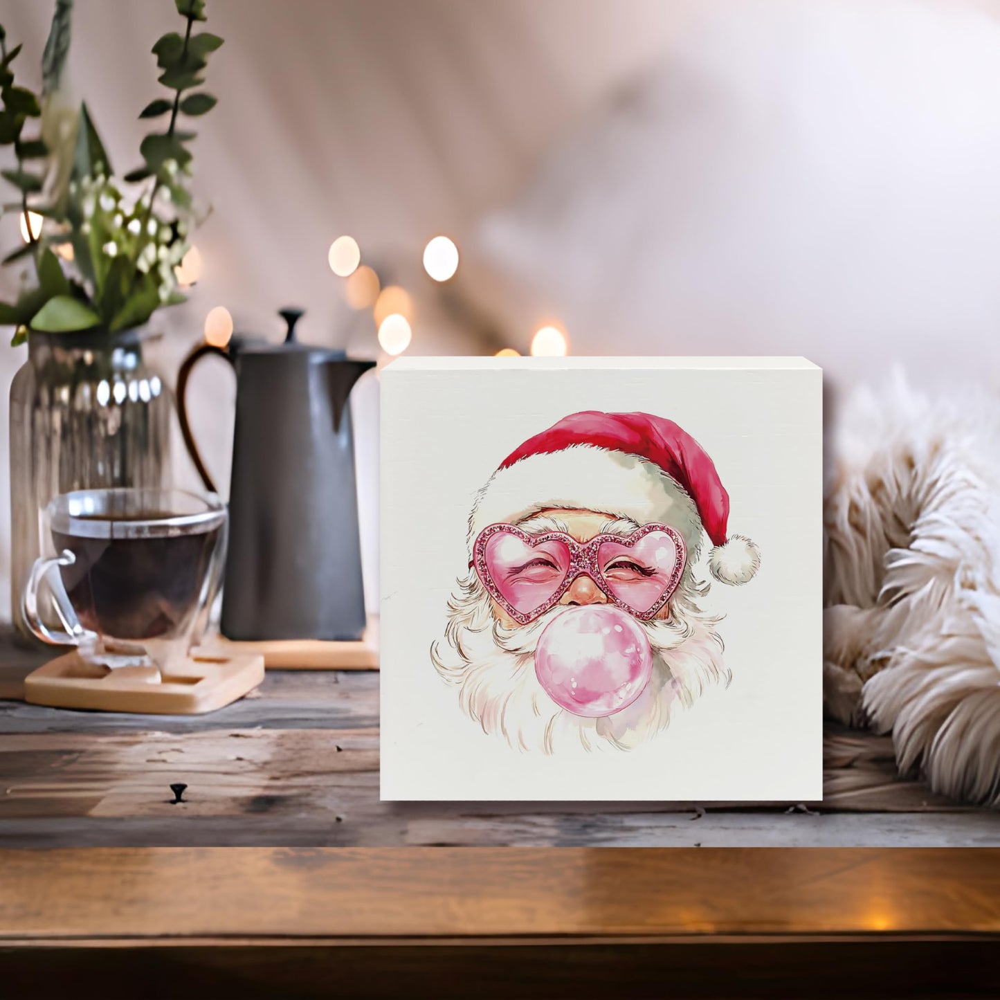 XUNLURY Santa Wooden Box Sign Pink Christmas Decor 5x5 Inch