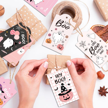 MOZUI Halloween Thank You Tags 60pcs Pink Black Ghost Pumpkin Kraft Paper