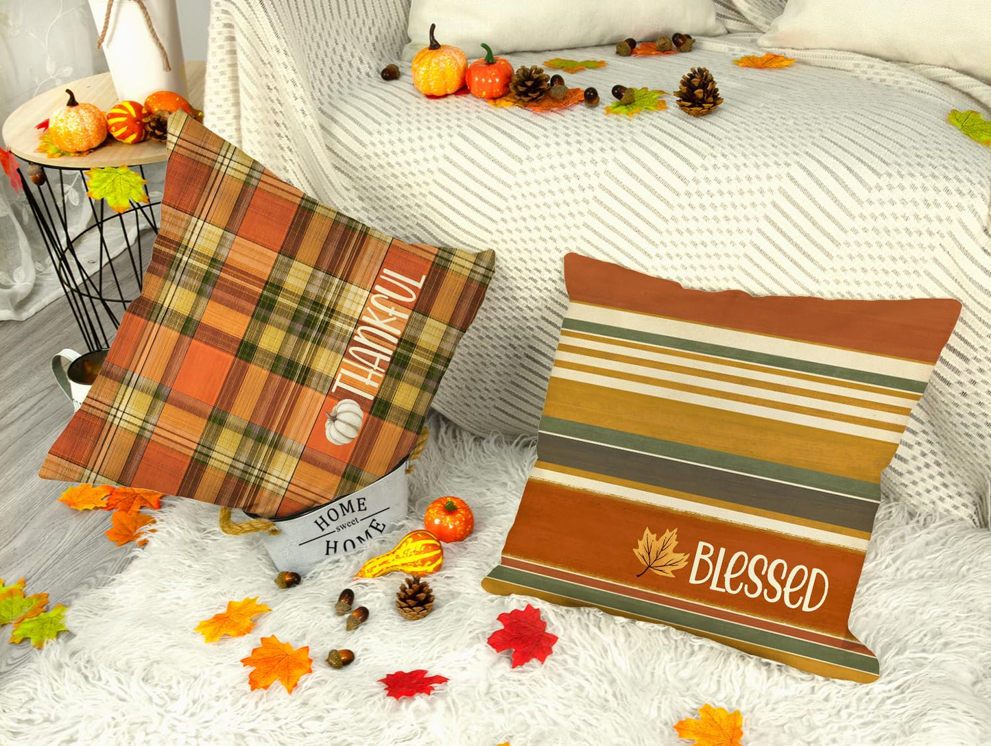 4TH Emotion Fall Pillow Covers 18x18 White Pumpkin Check Set of 4