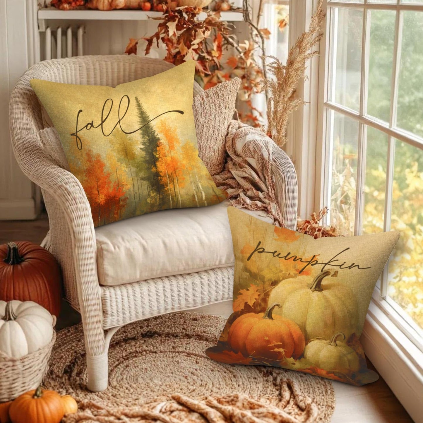 Benjia 20x20 Throw Pillow Covers Set of 4 Watercolor Forest Pumpkin Autumn