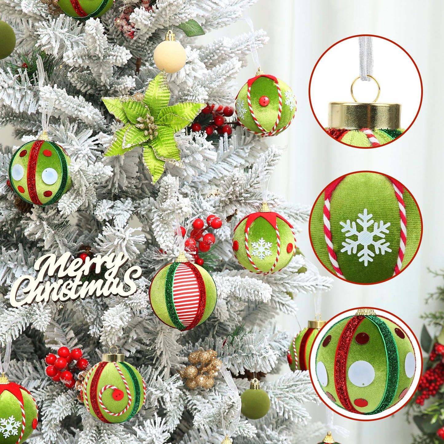 SUPREME XMAS 12 Pcs Velvet Christmas Ornaments Set 80mm Green Red White