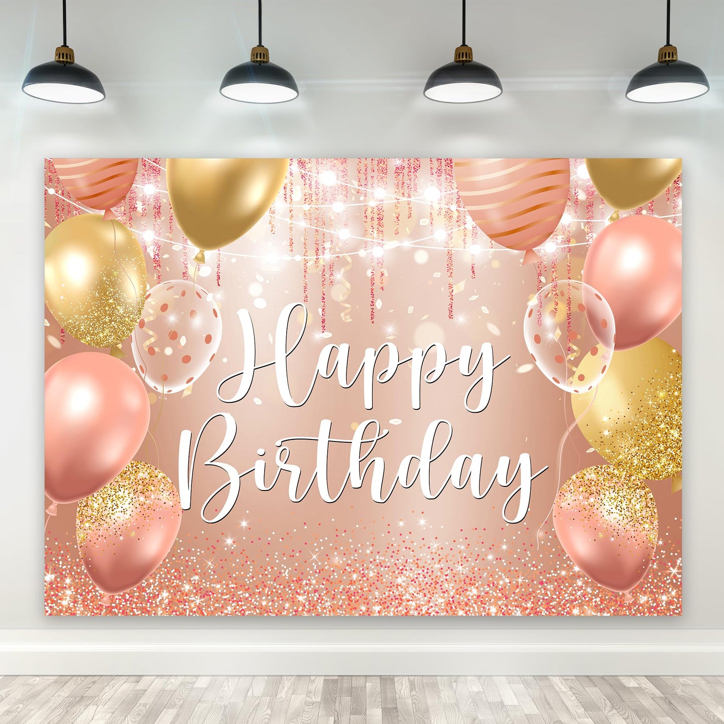 Riyidecor Happy Birthday Backdrop Champagne Pink Gold Balloons 7x5ft Polyester
