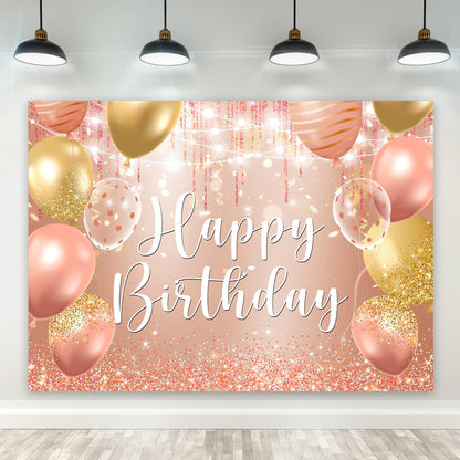 Riyidecor Happy Birthday Backdrop Champagne Pink Gold Balloons 7x5ft Polyester