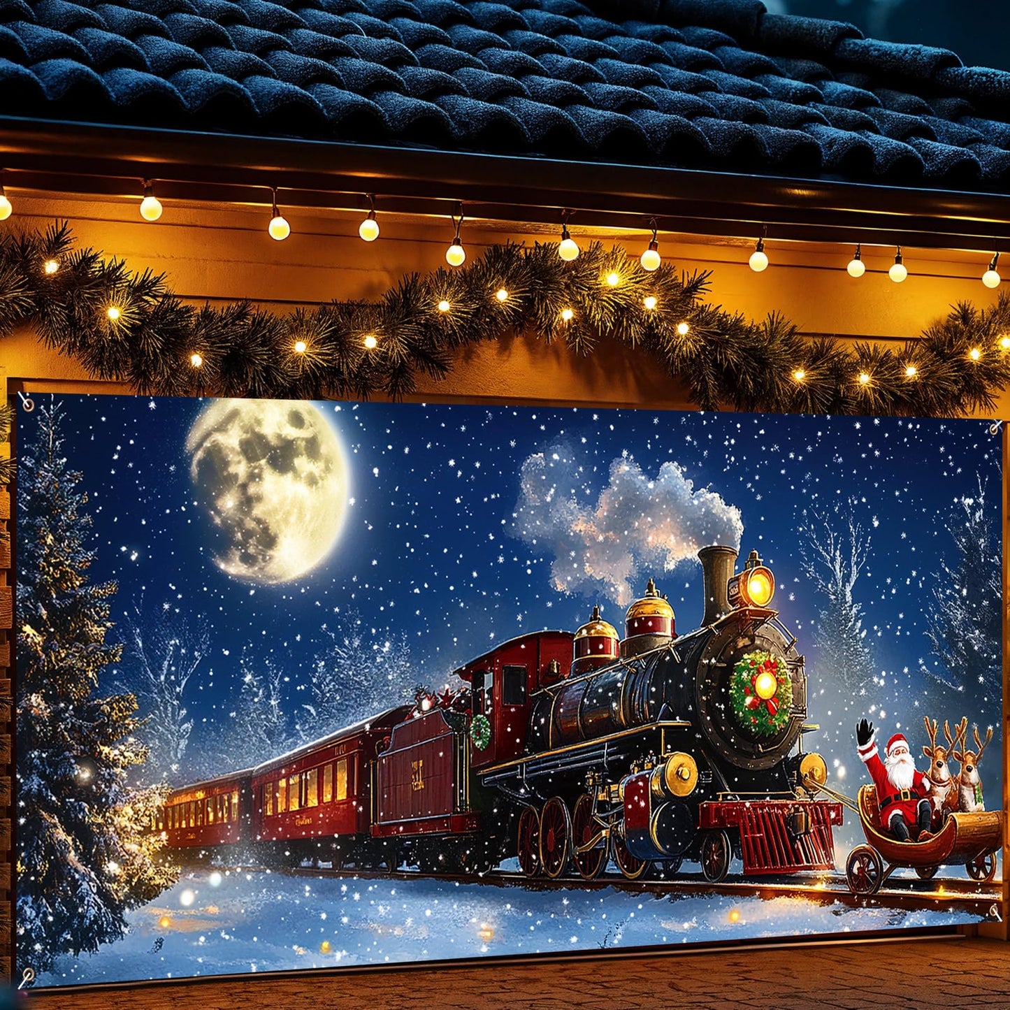 Yomaiha Christmas Santa Garage Door Cover Banner 6x13 ft Red Polyester