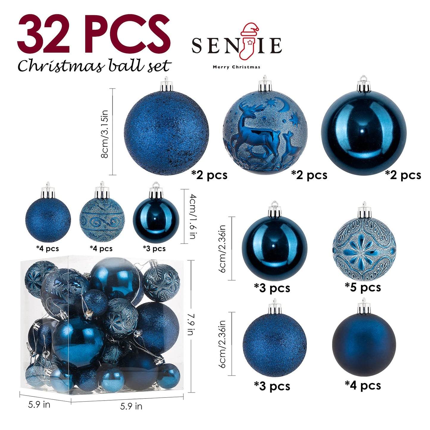 Senjie Night Blue Shatterproof Christmas Ornaments 32pcs Set Plastic