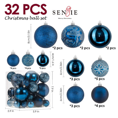 Senjie Night Blue Shatterproof Christmas Ornaments 32pcs Set Plastic