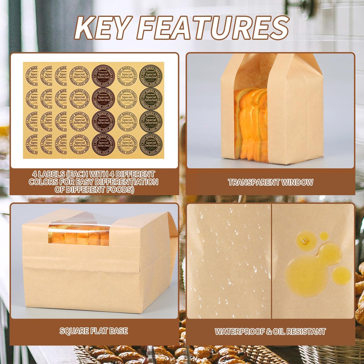 50 Pcs Kraft Paper Bread Bags with Window 13.7x8.3x3.7in + Seal Stickers