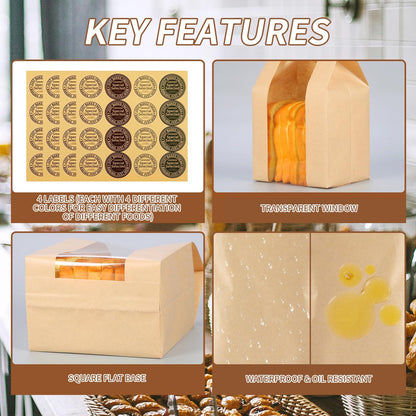50 Pcs Kraft Paper Bread Bags with Window 13.7x8.3x3.7in + Seal Stickers