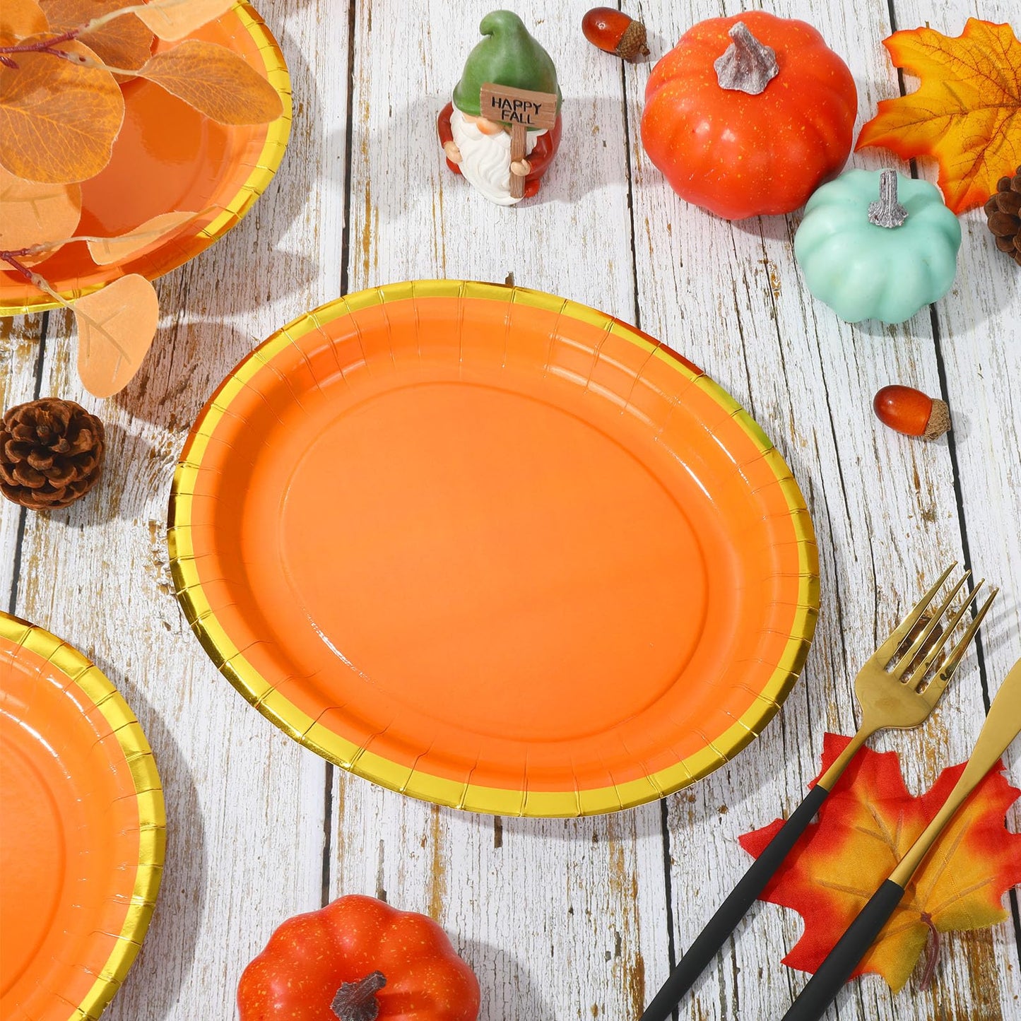 JarThenaAMCS 40Pcs Fall Oval Paper Plates Orange Gold Foil 9x7.7in