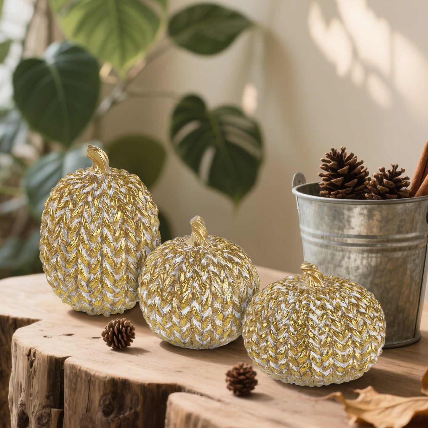 winemana Fall Decorations Set of 3 Gold White Resin Pumpkins Woven Design