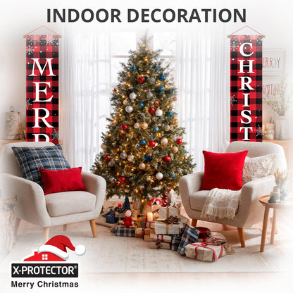 X-Protector Merry Christmas Buffalo Plaid Banner 71x13 Red