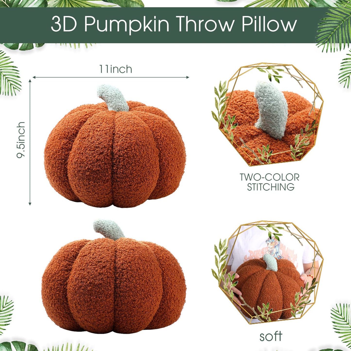 Queekay 2 Pc Pumpkin Plush Pillow 11x9.5in Brown Fall Thanksgiving Decor