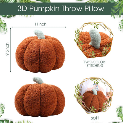 Queekay 2 Pc Pumpkin Plush Pillow 11x9.5in Brown Fall Thanksgiving Decor