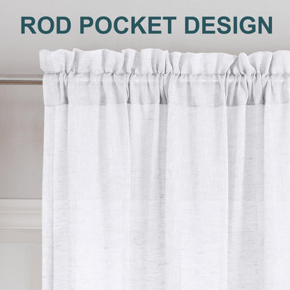Turquoize Linen Sheer Rod Pocket Curtains 52x63in Set of 2 Pure White