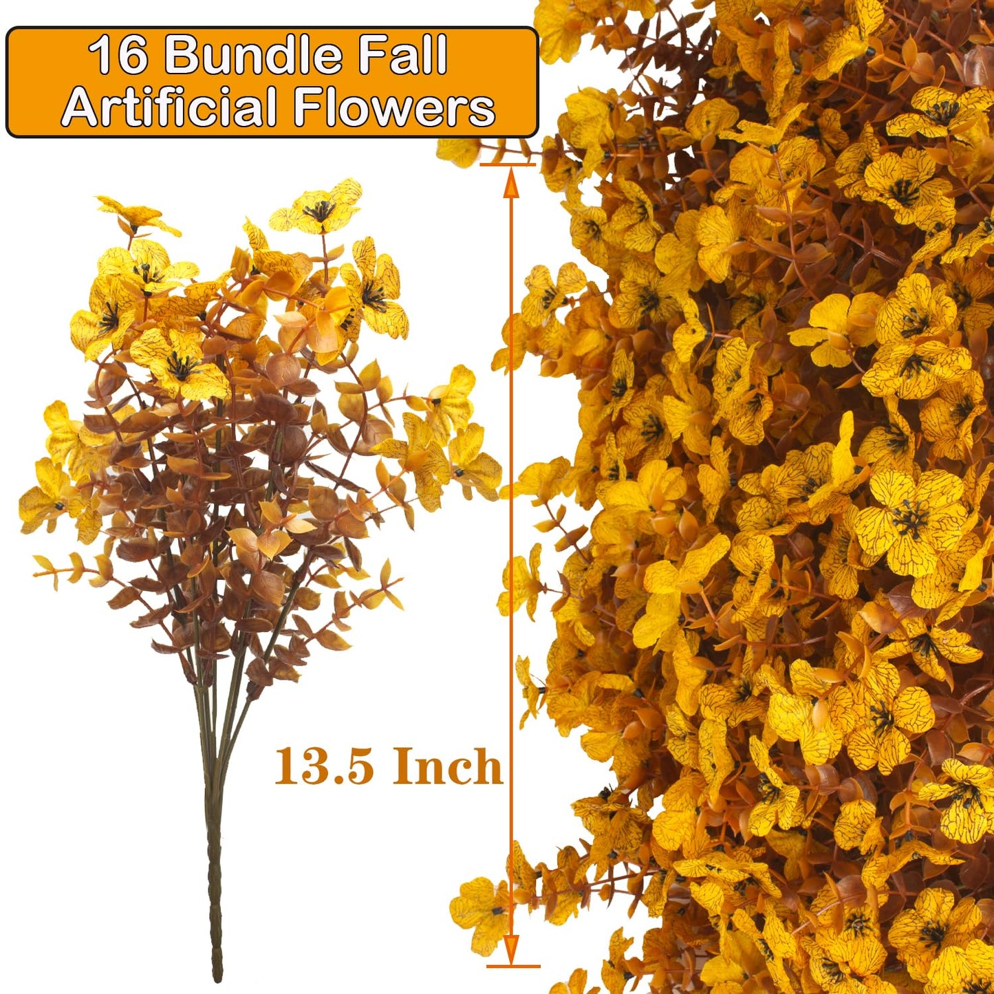 Grunyia 16 Bundles Artificial Fall Mums UV Resistant Silk Plants 13.5in Yellow