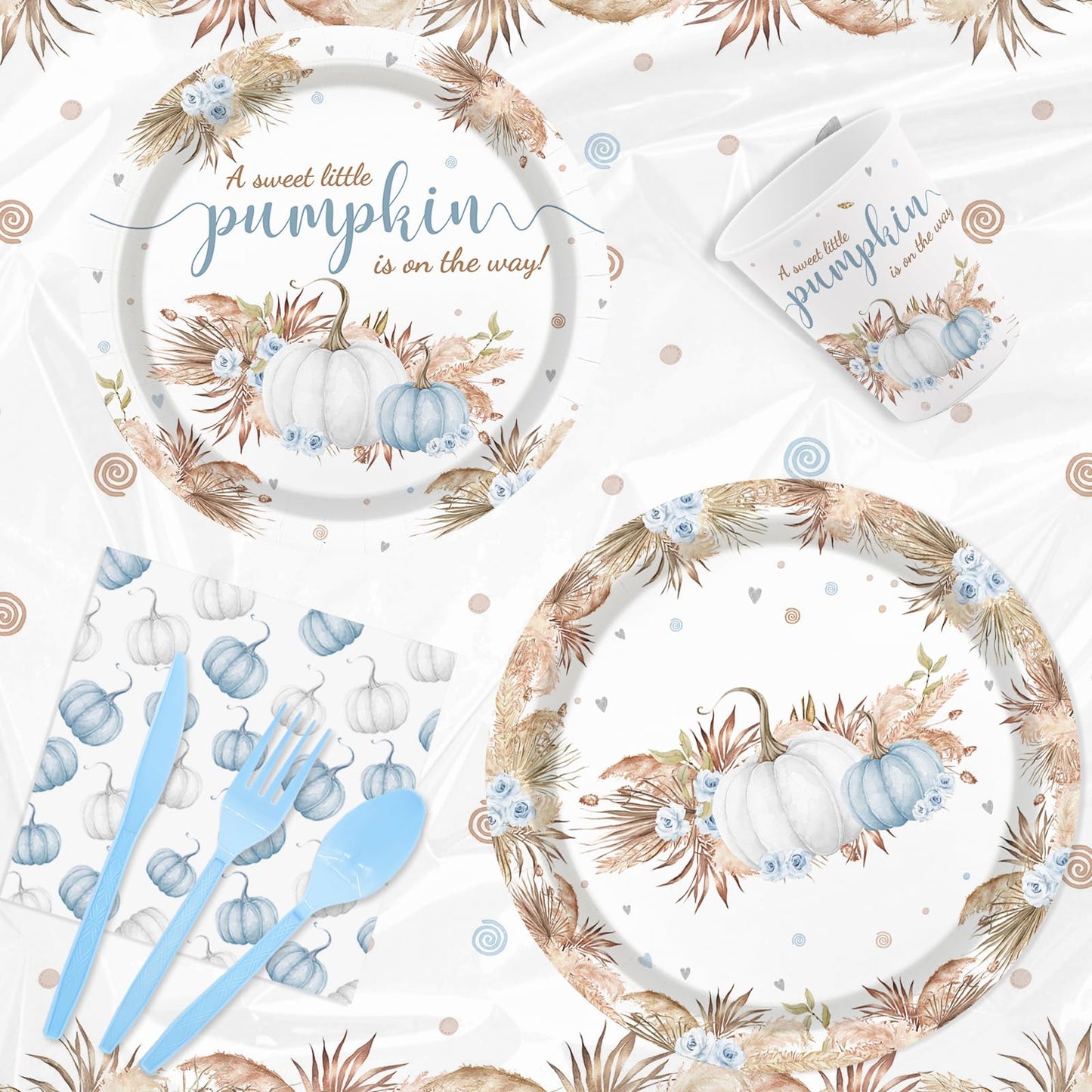 MEHOFOND Blue Pumpkin Baby Shower Party Supplies 193 Pcs Tableware Set