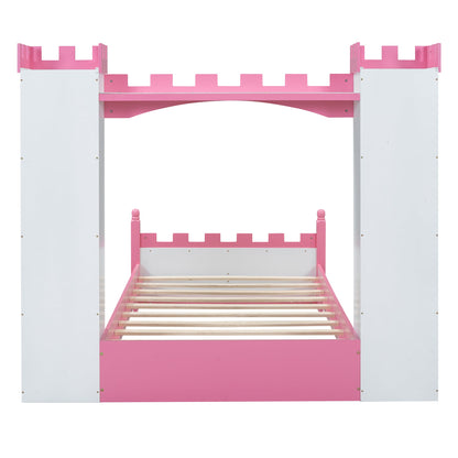 Castle-Shaped Wooden Bed with Storage Shelf, Dreamy Twin Size Platform Bed for Kids Bedroom, White + Pink