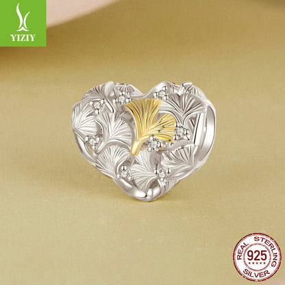 Silver Charm Ginkgo Leaf Splicing Love DIY Bracelet Beads Loose Beads Romantic Autumn Leaves s925 Pure Silver Beads