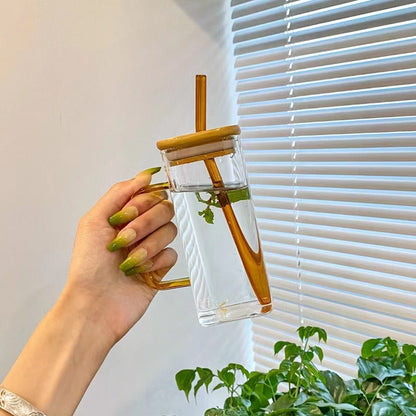 Square colored handle cup glass straw cup with lid milk tea cup with large capacity