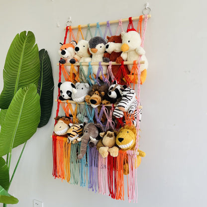 Simple decoration of shelves for children's rooms book ornaments wooden sticks 3-layer plush Bohemian toy storage net bag