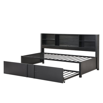 Metal Twin Size Daybed with Twin Size Trundle  Storage Shelves and USB Ports  Black