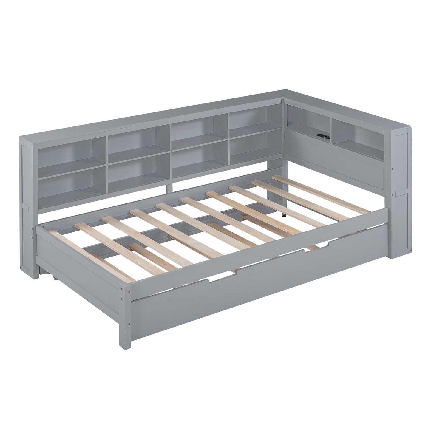 Wooden Twin Size DayBed with Twin Size Trundle, DayBed with Storage Shelf and USB Charging Ports,Grey