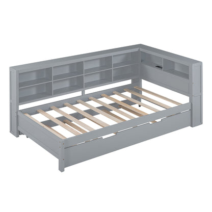 Wooden Twin Size DayBed with Twin Size Trundle, DayBed with Storage Shelf and USB Charging Ports,Grey