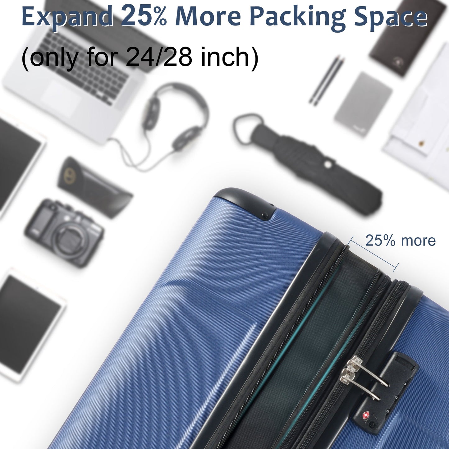 Hardshell Luggage Sets 3 Pcs Spinner Suitcase with TSA Lock Lightweight 20''24''28'' Blue + ABS