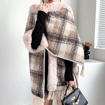 Women's Fleece Lined Padded Warm Keeping Mid-length Tassel Cape And Shawl