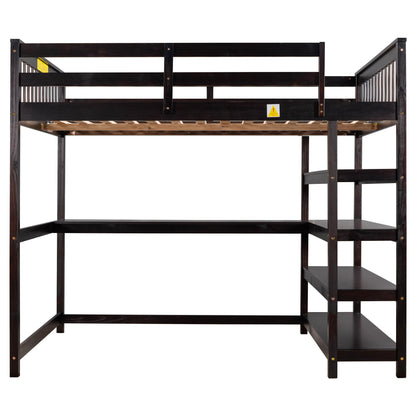Full Size Loft Bed with Storage Shelves and Under-bed Desk  Espresso