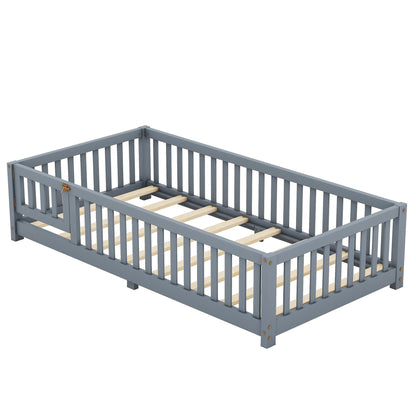Twin Size Bed Floor Bed with Safety Guardrails and Door for Kids, Gray