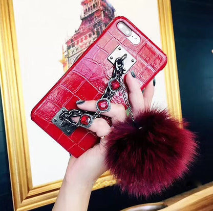 Mobile Phone Case with Fox Fur Ball Studded Anti-Fall Protection