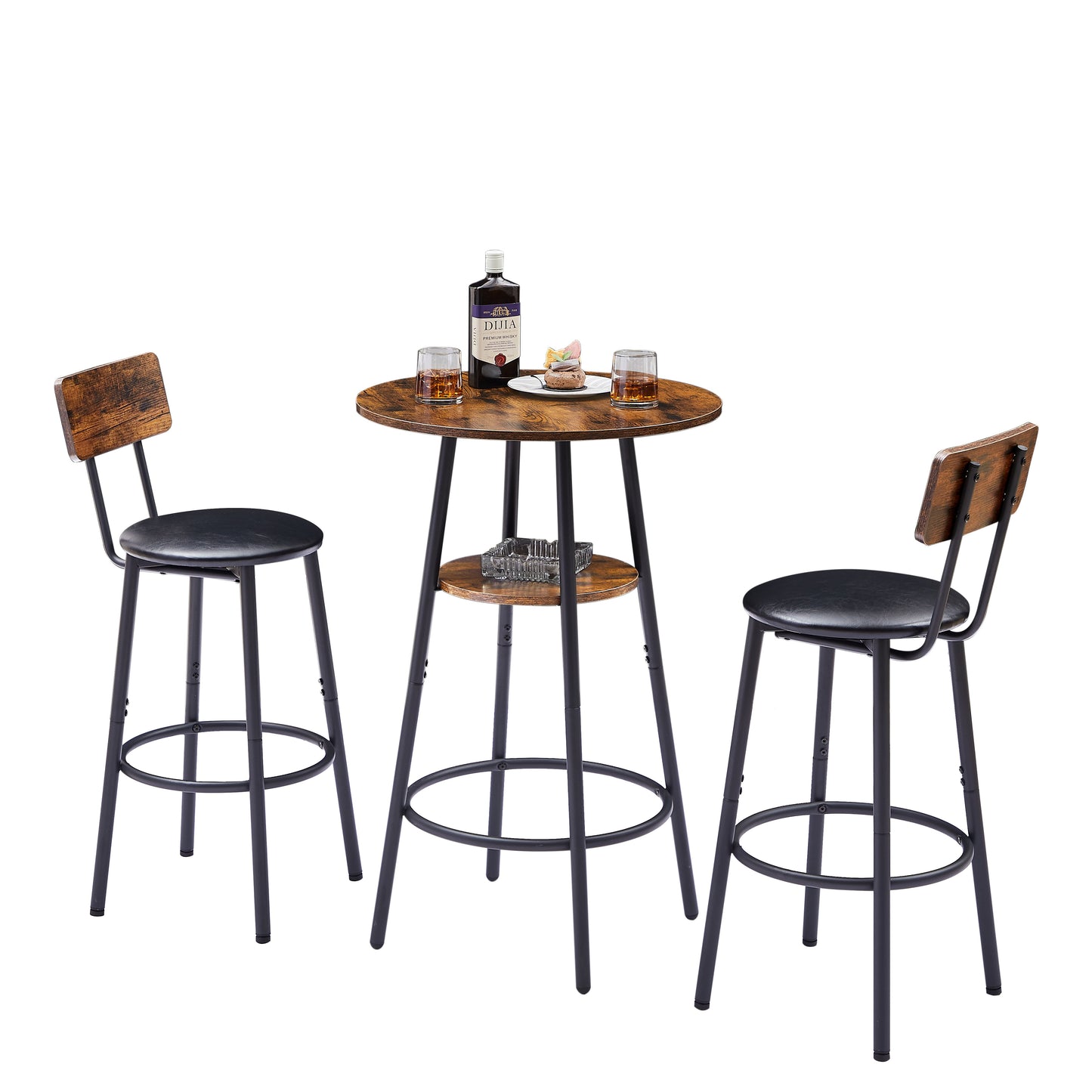 Round bar stool set with shelf upholstered stool with backrest Rustic Brown 23.62'' W x 23.62'' D x 35.43'' H