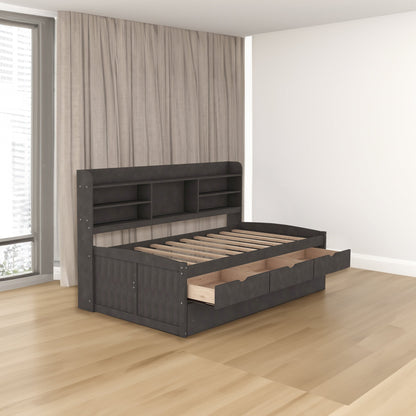 Twin Size Wooden Captain Bed with Built-in Bookshelves,Three Storage Drawers and Trundle,Antique Gray