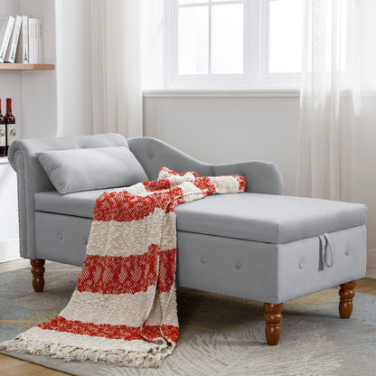Grey Chaise Lounge Indoor Velvet Lounge Chair for Bedroom with Storage & Pillow Modern Upholstered Rolled Arm Chase Lounge