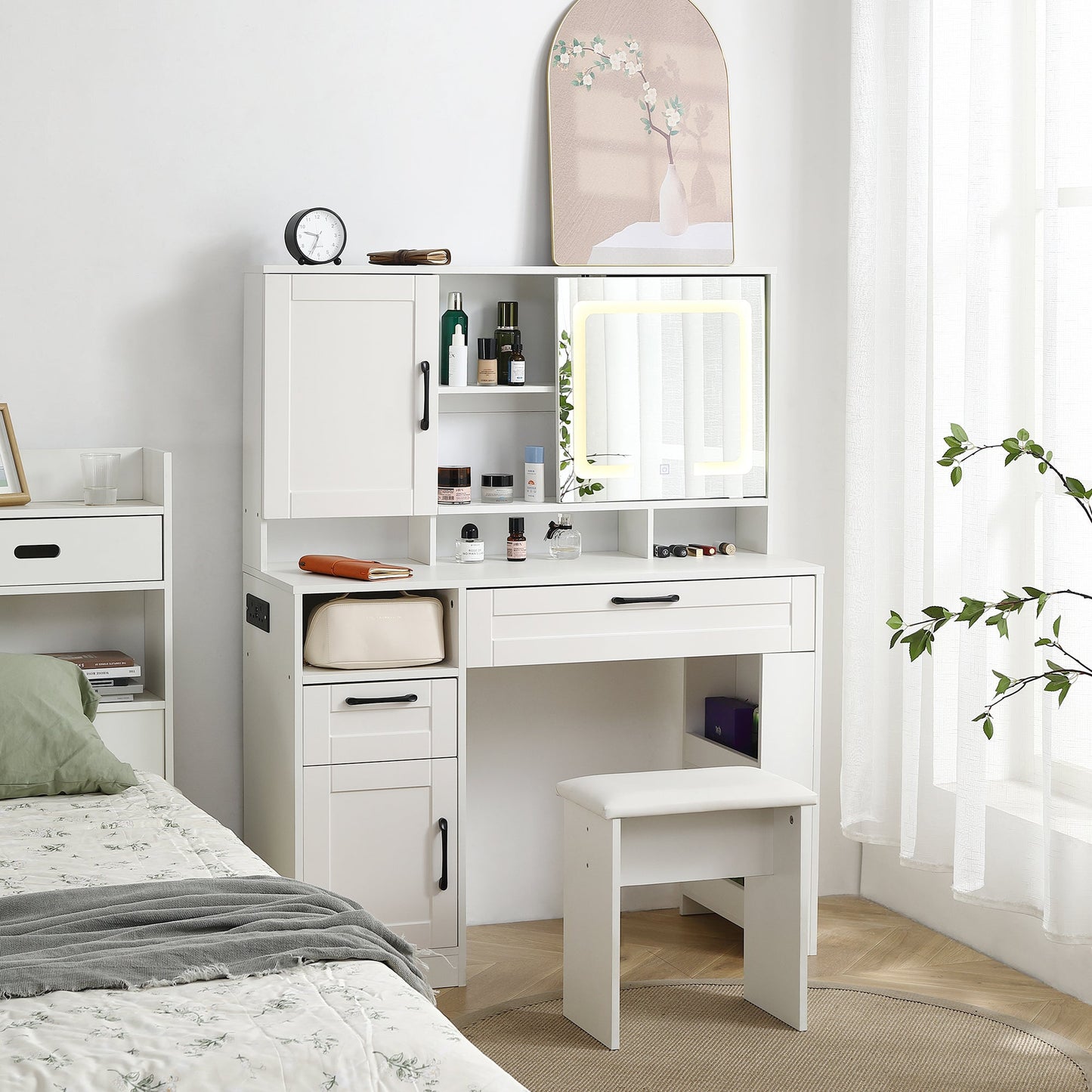 Vanity table with large sliding lighted mirror dressing table with 2 drawers storage shelves and upholstered stool white color