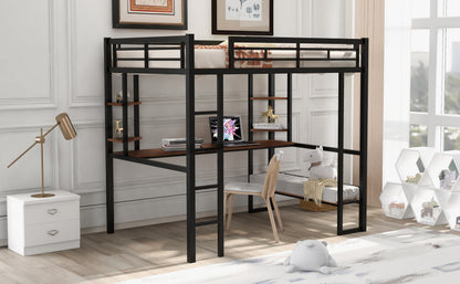 Full Size Loft Metal&MDF Bed with Long Desk and Shelves Black