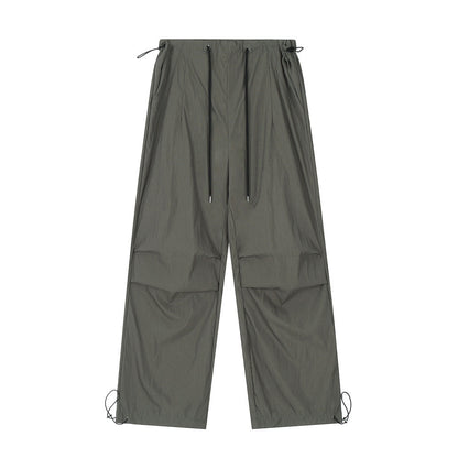 Wrinkled Casual Straight Cargo Pants Men's American Loose Solid Color Thin Sports Drawstring Cuffed Long Trousers