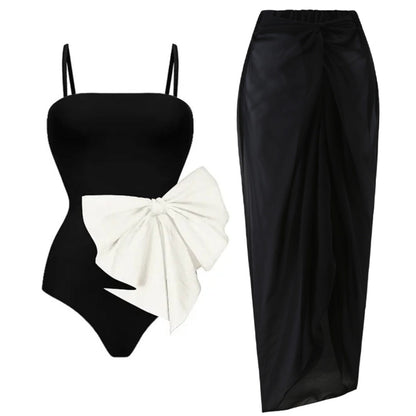 One piece swimsuit bow decoration sweet girl black and white contrasting swimsuit female