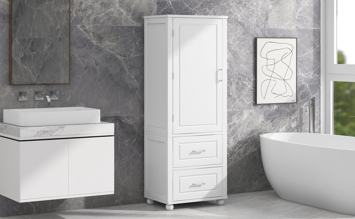 Tall bathroom storage cabinet with two drawers and adjustable shelves for independent storage